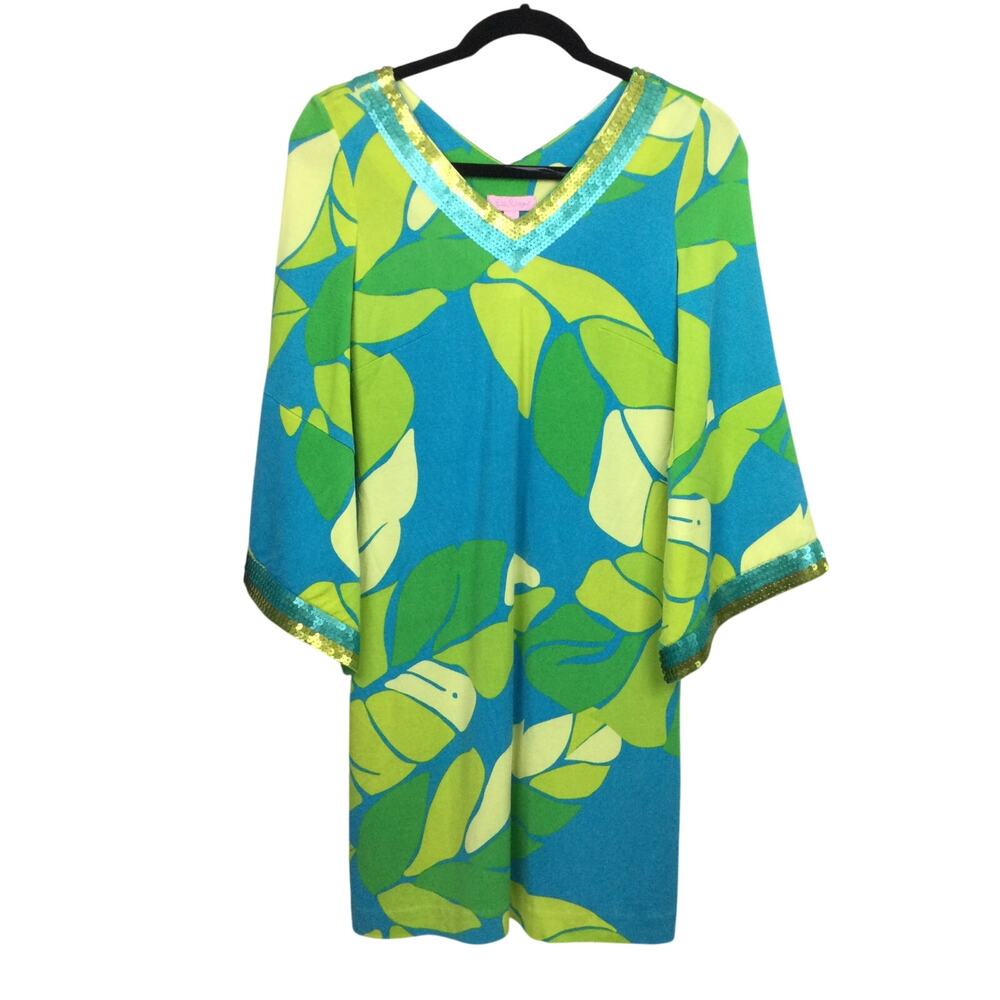 Lilly Pullitzer Leaf Resort 70's Inspired Sequins V-Neck Bell Sleeve Dress XS